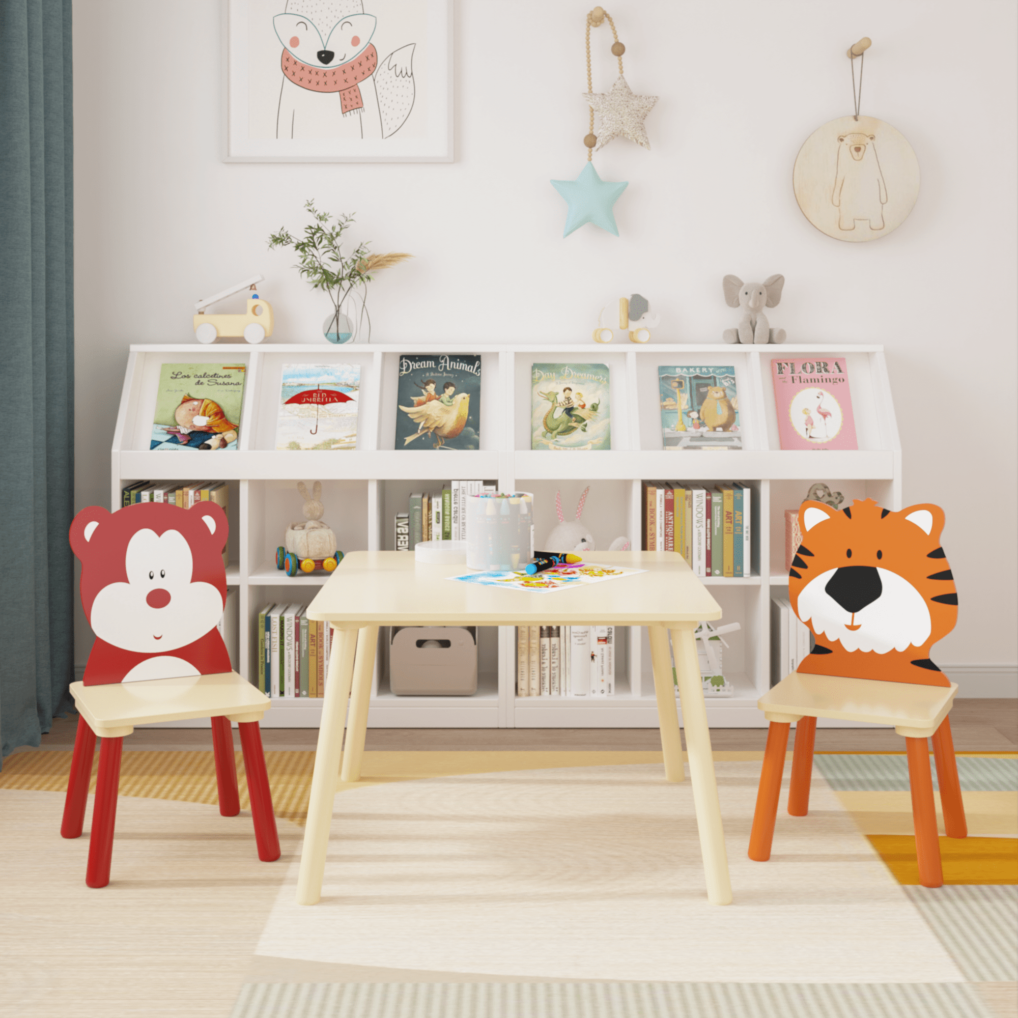 3-Piece Kids Table and 2 Chairs Set, Wooden Toddler Activity Play Table Set with Bear & Tiger Pattern, Solid Wood & MDF Construction, White & Orange, Easy Assembly for Playroom Nursery