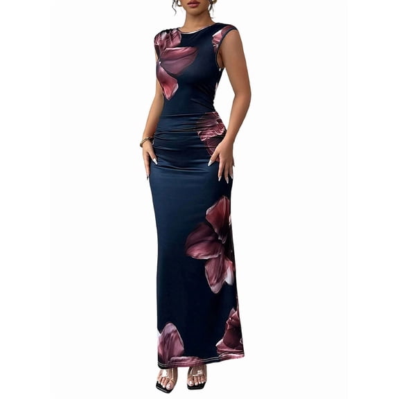 Women Floral Print Ruched Bodycon Dress Elegant Crew Neck Sleeveless Maxi Dresses Navy Blue S