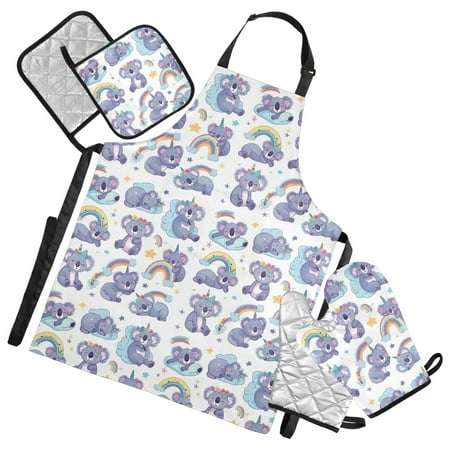 Koala Rainbow Star 5 Pcs Kitchen Set Heat Resistant Oven Mitts and Non-Slip Pot Holders with Adjustable Cooking Apron