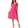 thumbnail image 1 of INSPIRAR CHIC Vestidos de Ojal para Mujeres con Cuello Cuadrado, Manga Corta Abullonada, Casual, Corte A, Vestido Midi de Verano M Color Rosa Fucsia, 1 of 6
