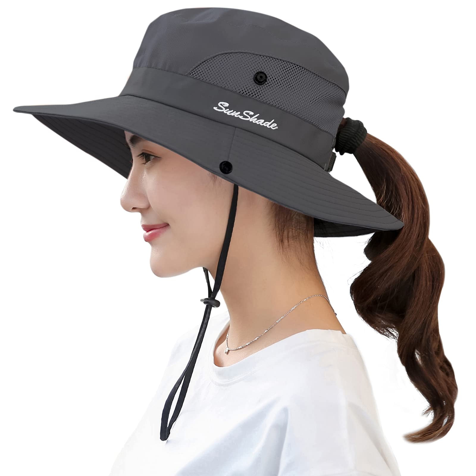Women Adjustable Outdoor Sun Hat UV Protection Wide Brim Foldable Mesh Summer Beach Hiking Fishing Hats with Ponytail Hole 