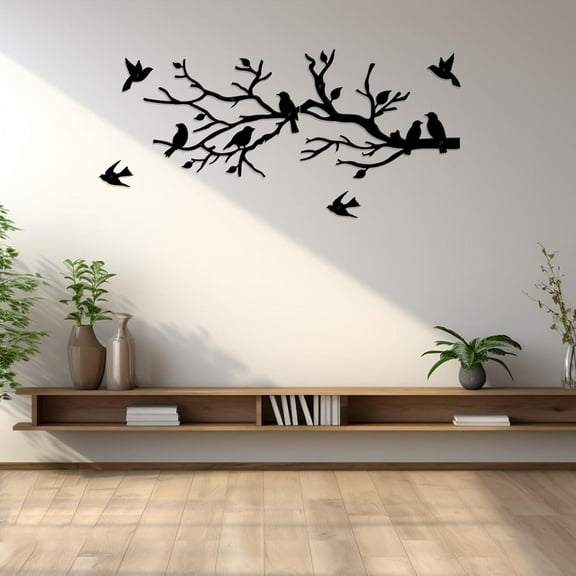 Metal Bird Wall Decor 30 x 12 Inch Bird Wall Silhouette Metal Birds Wall Art Birds on a Branch Wall Decor with 4 Separate Outdoor Hanging Wall Sculpture for Home Balcony Garden