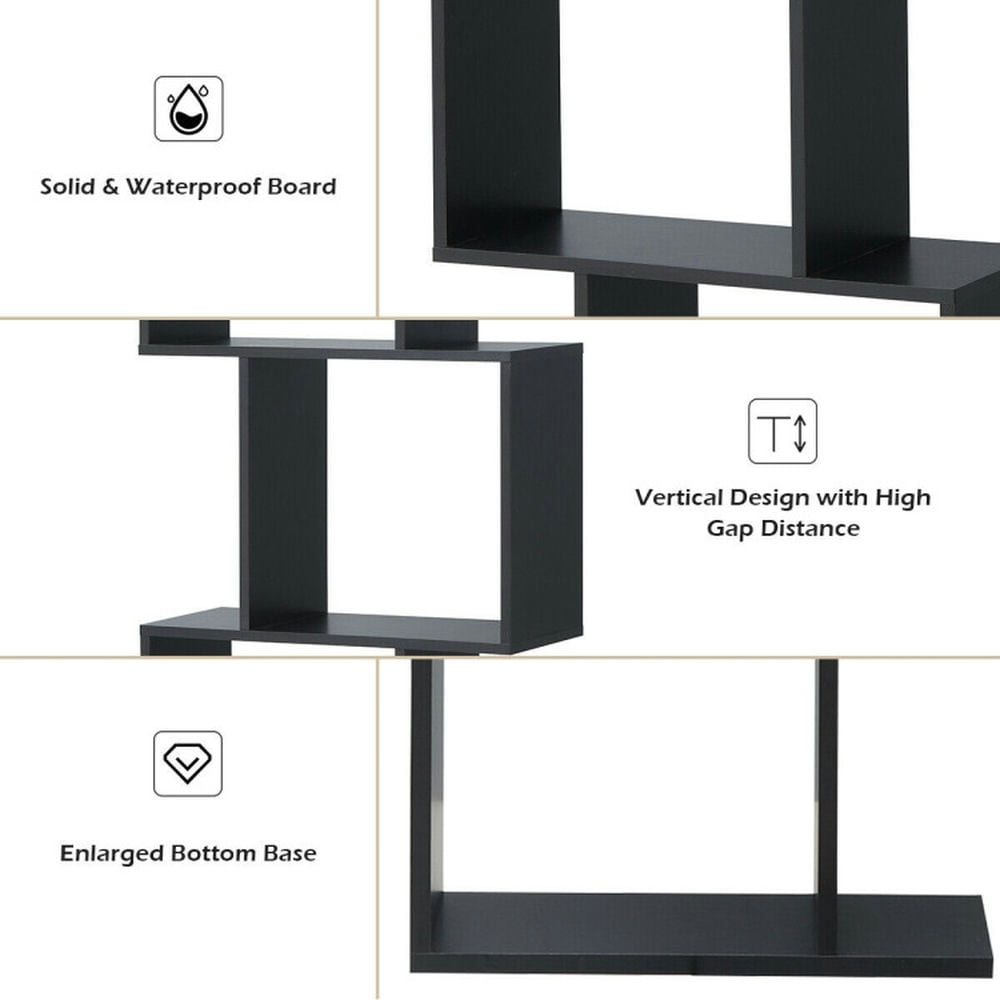 Demi Bonn 3 Tiers Wooden S-Shaped Bookcase for Living Room Bedroom Office, Freestanding Display Rack Bookshelf, Black