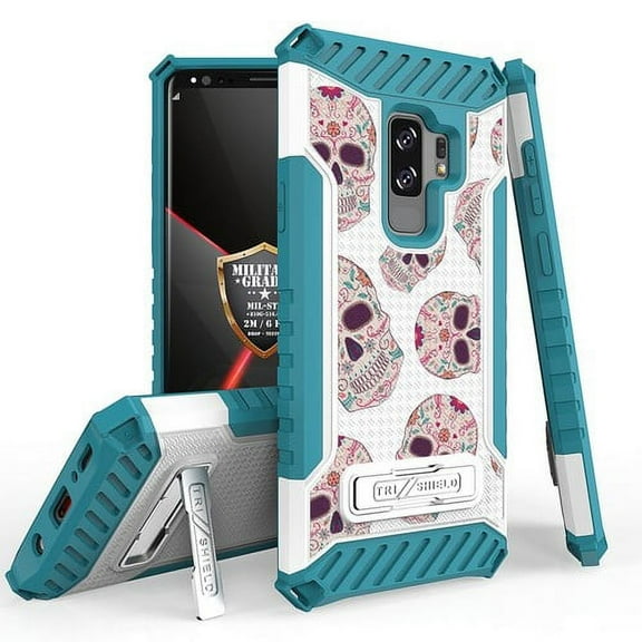 Galaxy S9 Plus / Galaxy S9  Case, Trishield Durable Shockproof High Impact Rugged Armor Phone Cover with Kickstand for Samsung S9  Only White/Printed Sugar Skulls