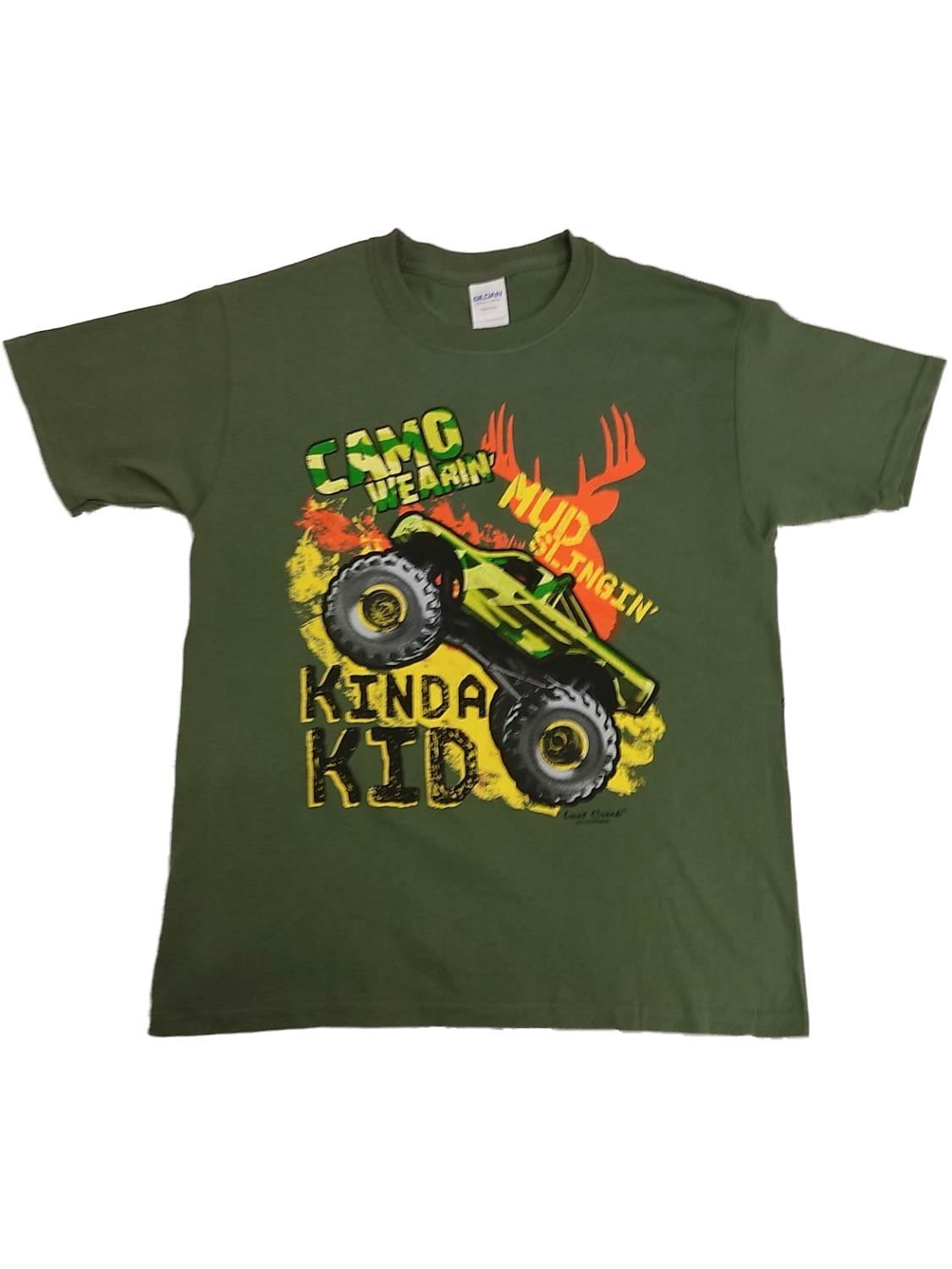 Boys Green Monster Truck Camo Wearin Kinda Kid TShirt Tee Shirt Medium