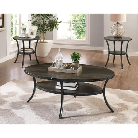Roundhill Furniture Biony Espresso Wood 3 Piece Coffee Table Set With Nail Head Trim