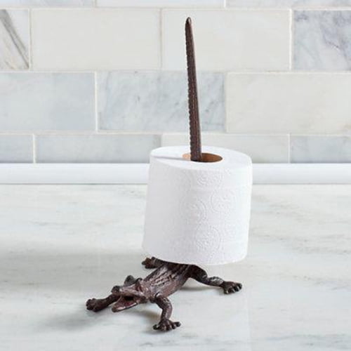 Alligator Cast Iron Animal Paper Towel Holder Bath Tissue Toilet Roll Jewelry Organizer Free-Standing Bronze Rustic Decor Crocodile 11-inch