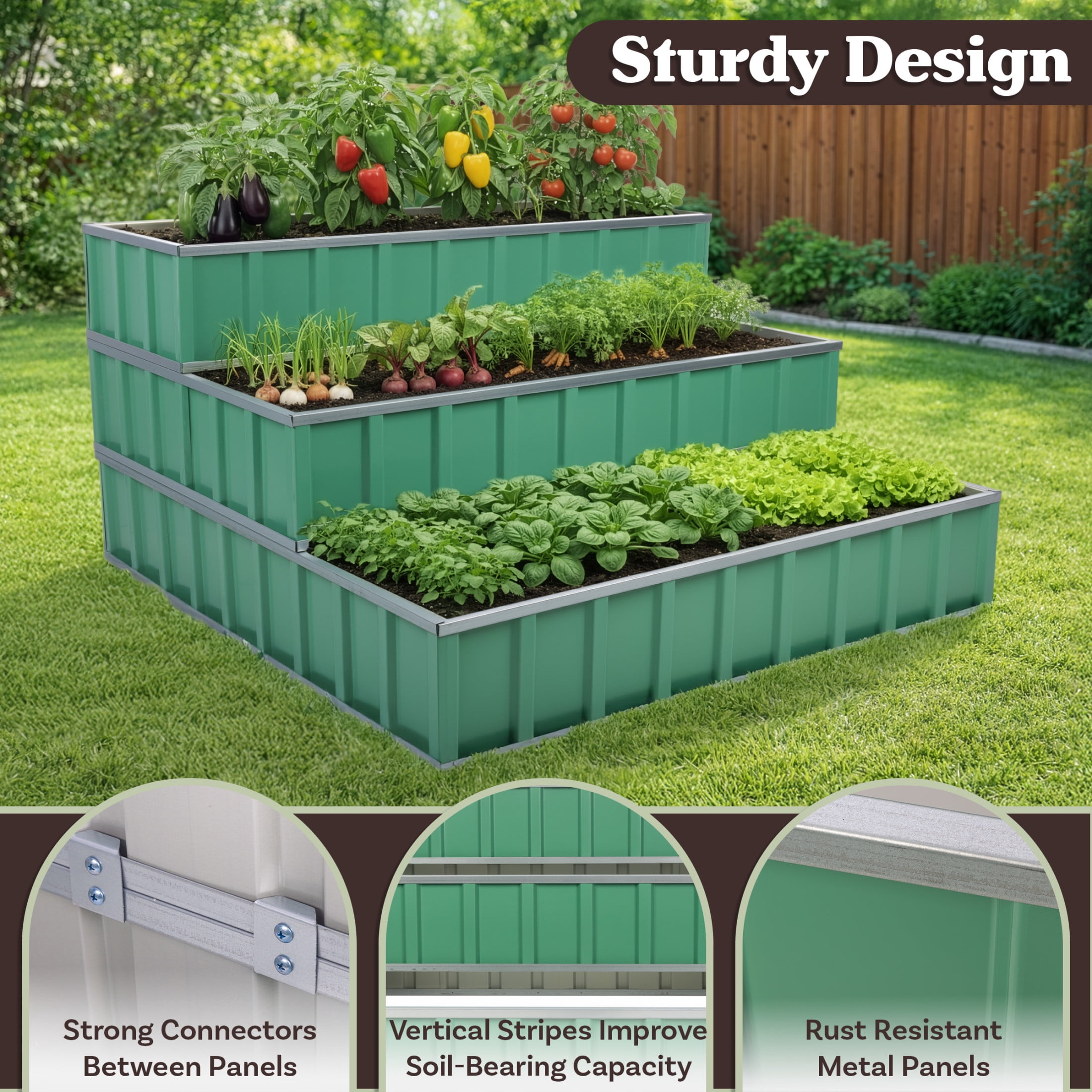 Pure Garden 3 Tier Raised Garden Bed - 45”x45”x24” Galvanized Steel Stackable Raised Beds, Green