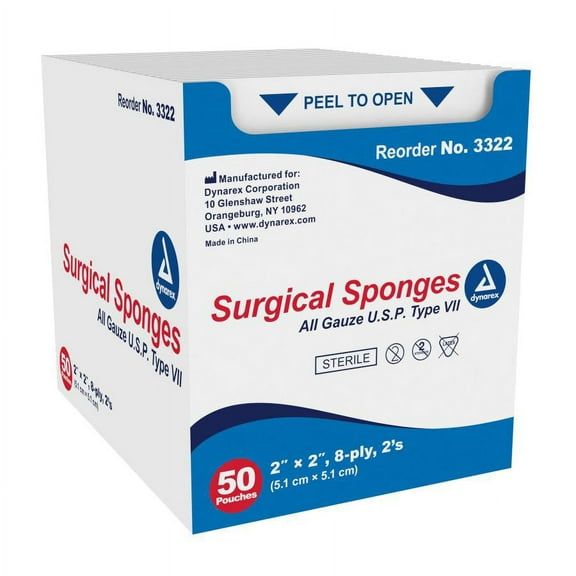 Dynarex Surgical Sponges, 8-Ply, 2 x 2 Inch, 100 Count