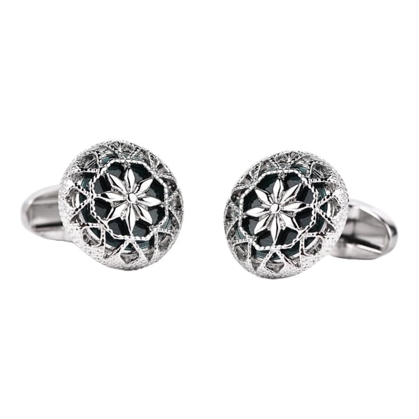 Gemelos de camisa de vestir clásicos para trajes circulares, joyería con tachuelas florales talladas para hombre Verde oscuro