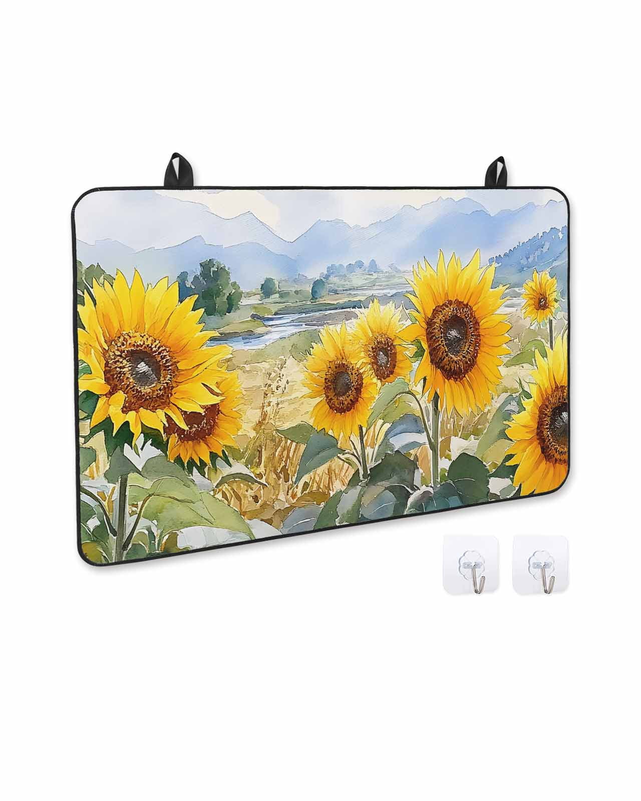nqOlkjepod Large Induction Cooktop Protector Mat 24"x21", Summer Sunflower Stove Top Covers for Electric Stove, Spring Pastoral Retro Mountain Floral Stove Burner Cover Mats, Glass Top Stove Cover