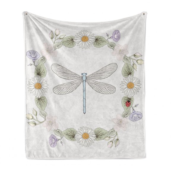 Dragonfly Soft Flannel Fleece Throw Blanket, Vintage Retro Farm Life Inspired Moth Daisies Lilies Leaves Image, Cozy Plush for Indoor and Outdoor Use, 60" x 80", Lilac Green, by Ambesonne