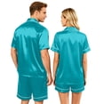 thumbnail image 4 of （Mens） Couple Matching Sets Silk Short Sleeve Button Down Sleepwear Satin Shorts Set Soft Loungewear Cyan 4XL, 4 of 8