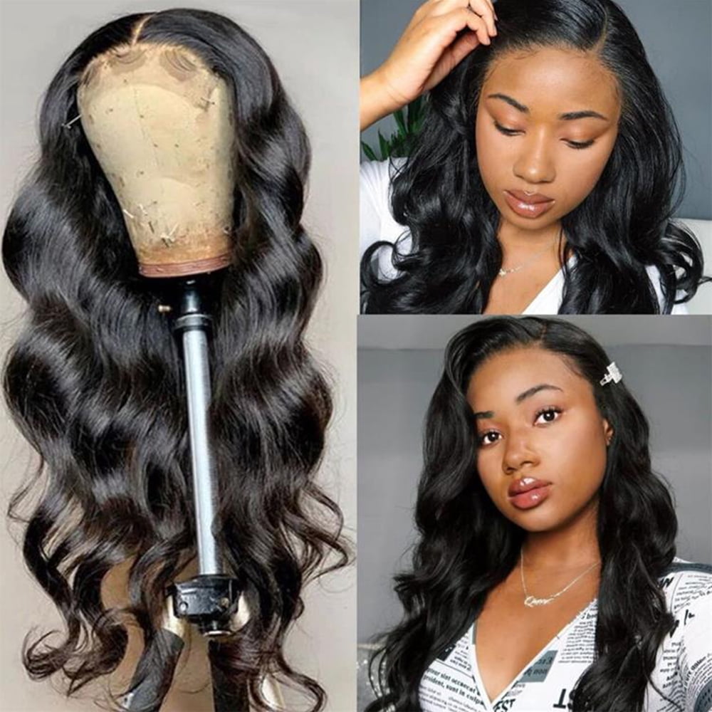 Lace Front Wigs Human Hair Body Wave 4x4 Lace Closure Wigs Glueless Human Hair Wigs for Black Women Brazilian Virgin Hair Pre Plucked with Baby Hair Natural Black(20 Inch)