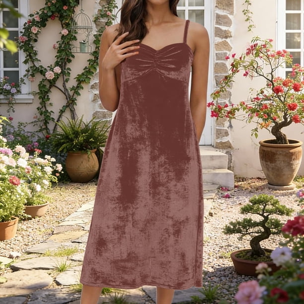 TaTaai Womens Fashion Solid Color Elegant Velvet Spaghetti Strap Dress Gathered Bust Slim Fit Soft Comfortable Dress for Spring Summer Daily Party Wear Gift
