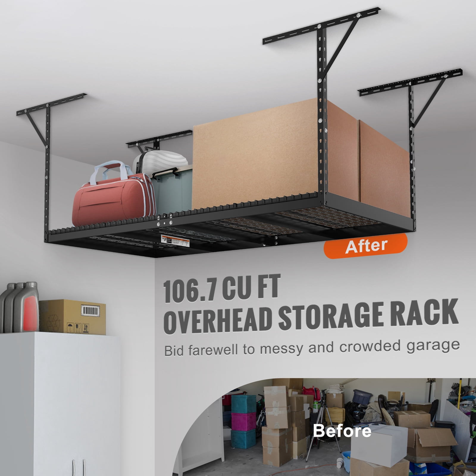 KFFKFF Overhead Adjustable Garage Storage Rack 48x96" Ceiling Rack 600 lbs Black