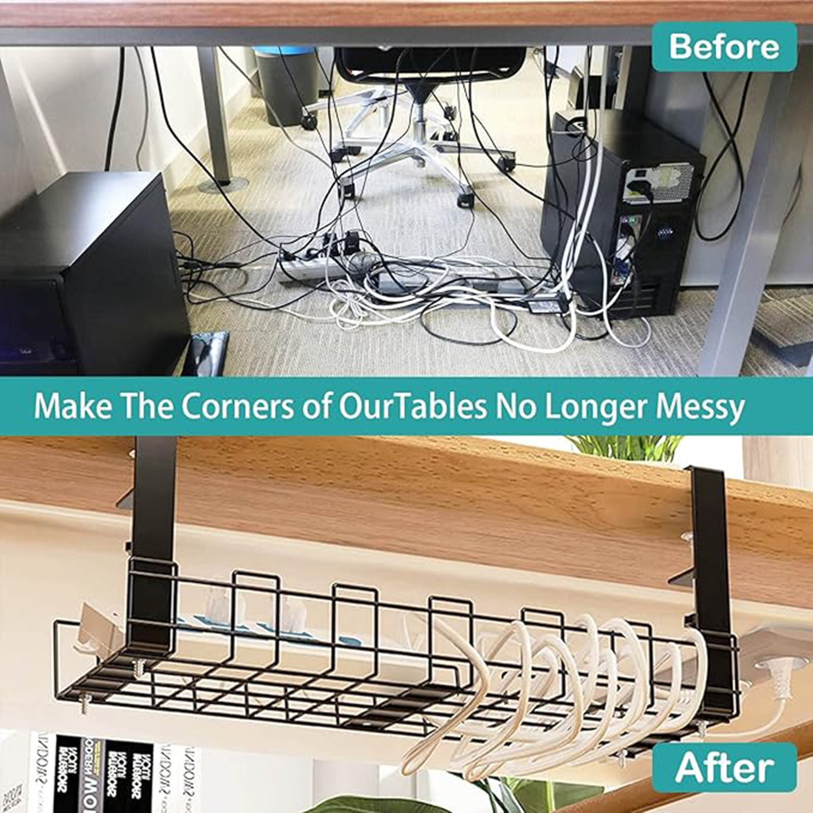 Bxaolu Under Desk Cable Management Tray, No Drill Cable Management Under Desk, Heavy Duty Metal Cord Organizer, Home Office Wire Management for Gaming/Standing Desk, Black, 15.8 inch