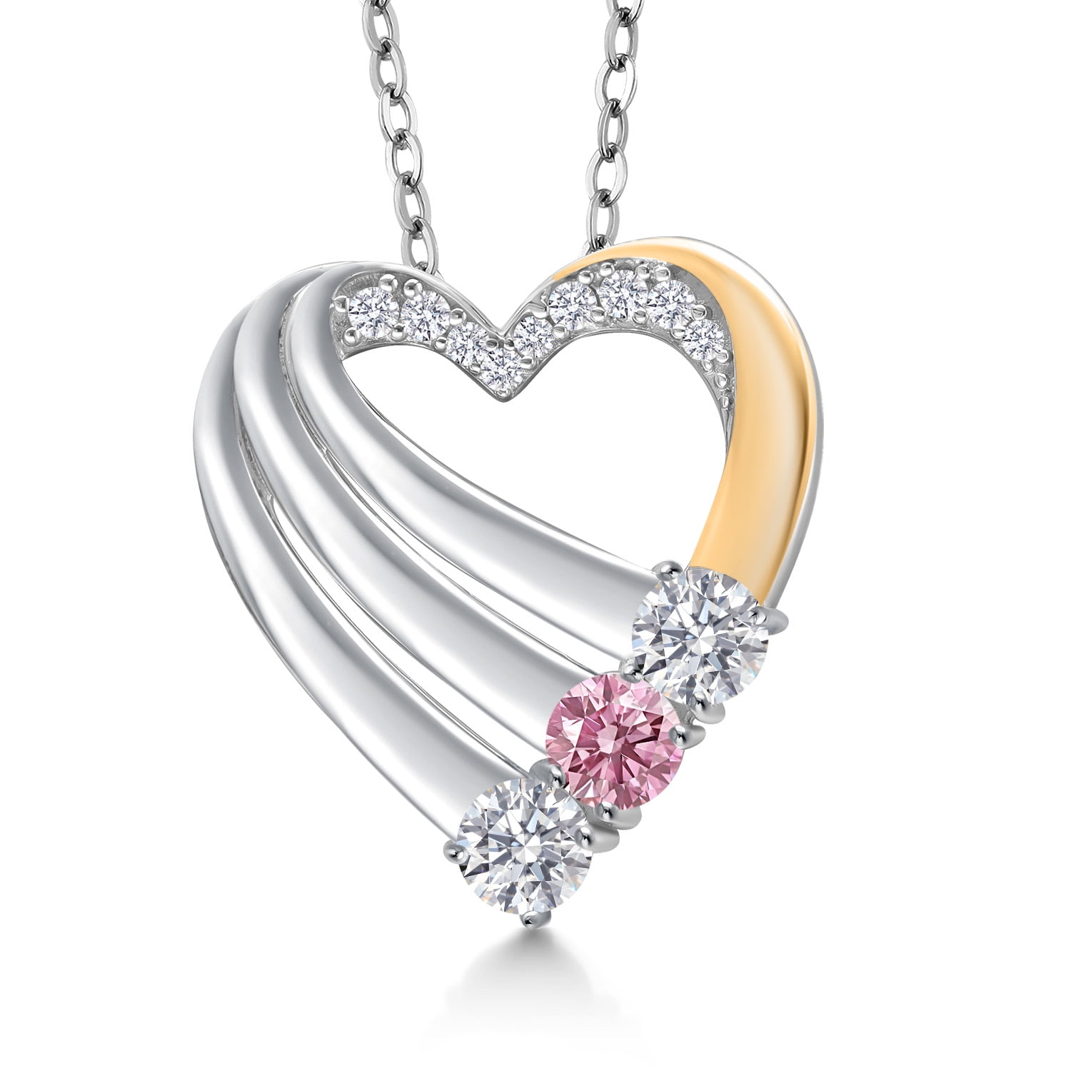 Gem Stone King 925 Silver and 10K Yellow Gold White Lab Grown Diamond and Pink Lab Grown Diamond Heart Pendant for Women | 0.89 Cttw | Gemstone April Birthstone | With 18 inch Chain