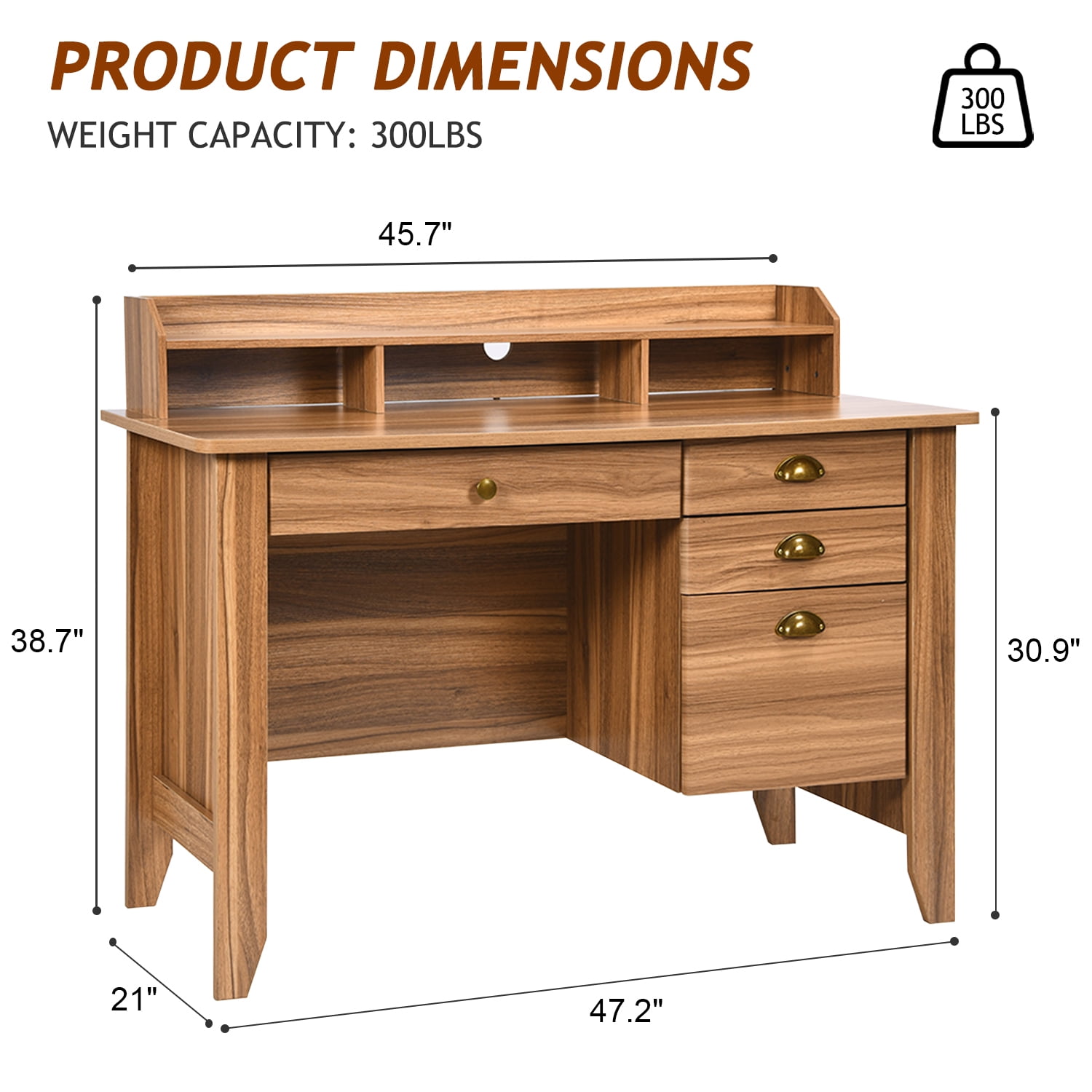 Catrimown Computer Desk, 47.5 in Wood Home Office Desk with Hutch and 4 Drawers, Monitor Stand, Rustic Brown
