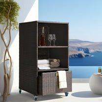 Outdoor Pool Towel Storage Cabinet Organizer Pool Towel Valet Rack with Storage Shelves & Drawer Patio Wicker Pool Towel Holder with Rolling Wheels Poolside Towel Caddy w/Cover for Hot Tub Spa Brown