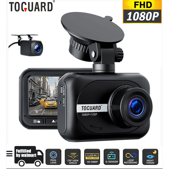 TOGUARD Dash Cam Front and Rear, 1080P Dash Camera, Car Camera with 2.45'' LCD Display, Parking Mode, G-Sensor, Night Vision, Loop Recording, WDR