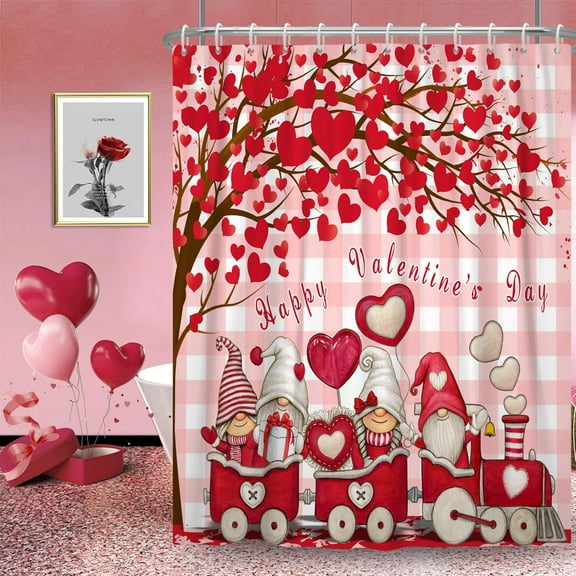 Mizhona Valentine's Day Shower Curtain Gnomes Bathroom Curtains Buffalo Plaid Decor Waterproof 72"x72"