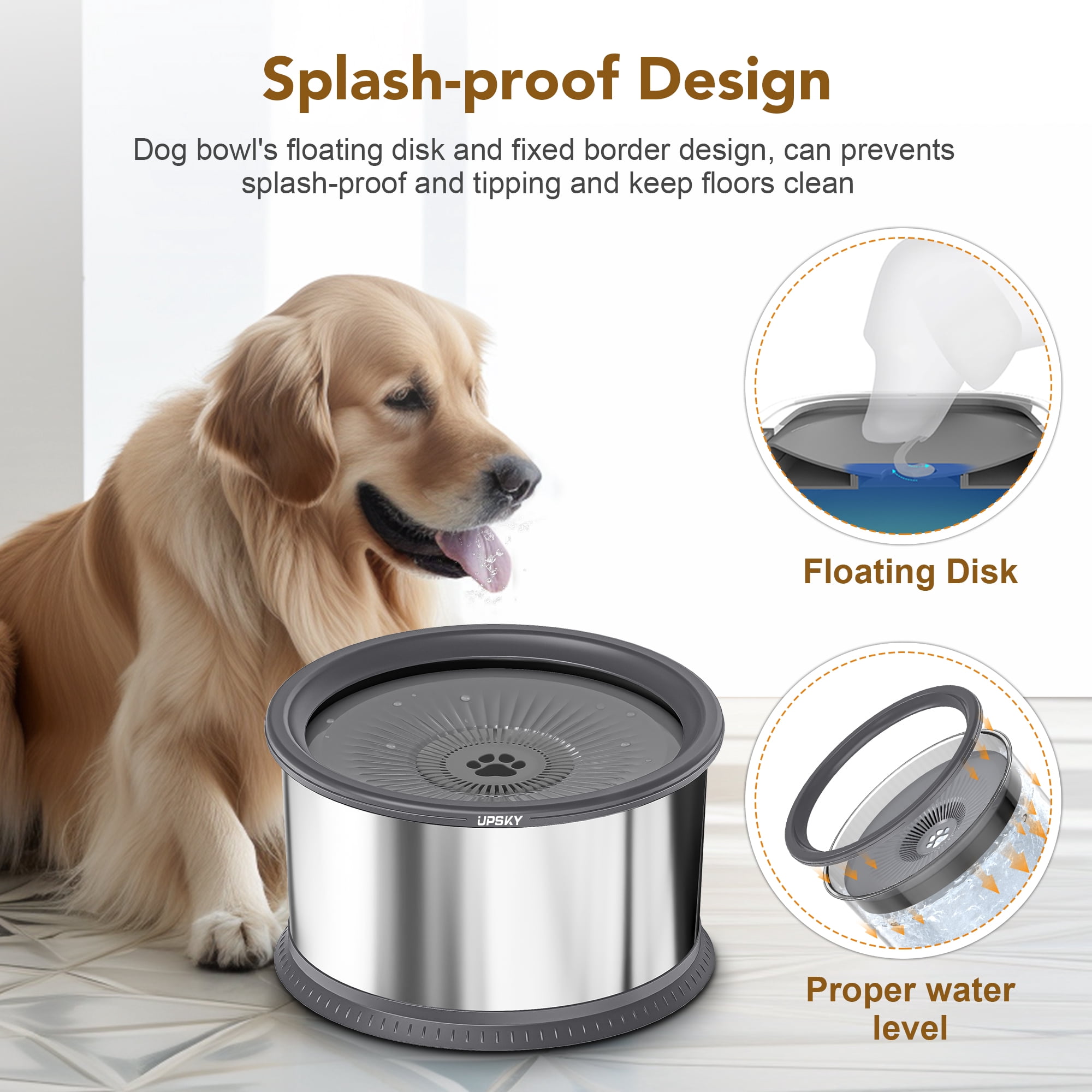 UPSKY 6.5L Dog Water Bowl, 1.6 Gallon Super Large Capacity No Spill r Bowl, Stainless Steel Spill Proof Slow Water Feeder No Splash