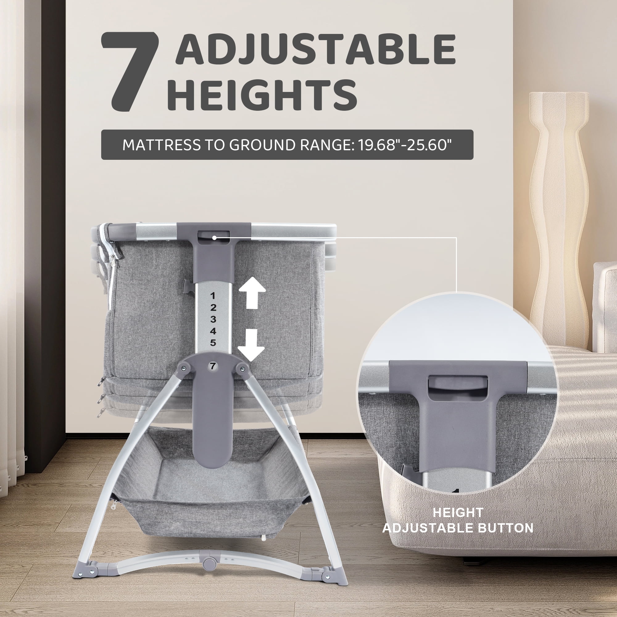 Signature Fitness Baby Cradle with Aluminum Frame and Cotton-Linen Fabric, Gray, Portable and Comfortable Infant Rocking Bassinet