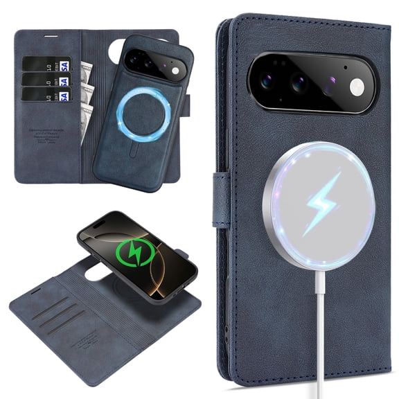 GJL 2-in-1 Faux Leather TPU Wallet Case for Google Pixel 11 Pro, Shockproof Magnetic Detachable Card Slots Flip Cover, Compatible with MagSafe, Blue