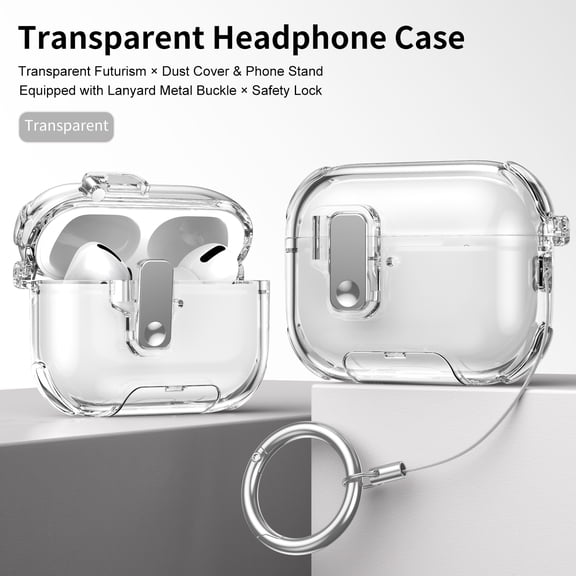 Dteck Transparent Protective Case for Apple AirPods 4th Generation (2024),Shockproof TPU PC Case Lock Case Stand with Ring Strap Cover for AirPods 4th Gen 2024,Clear
