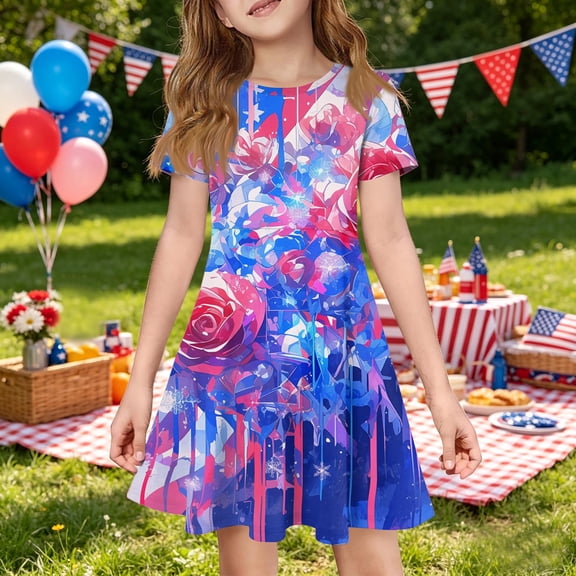 CCRFTGI Girls Summer Dresses Size 10-12 250 Anniversary USA Flag Short Sleeve Flowy A-Line Sundress Casual American Flag Floral Print Midi Dresses Light Blue 11-12 Years