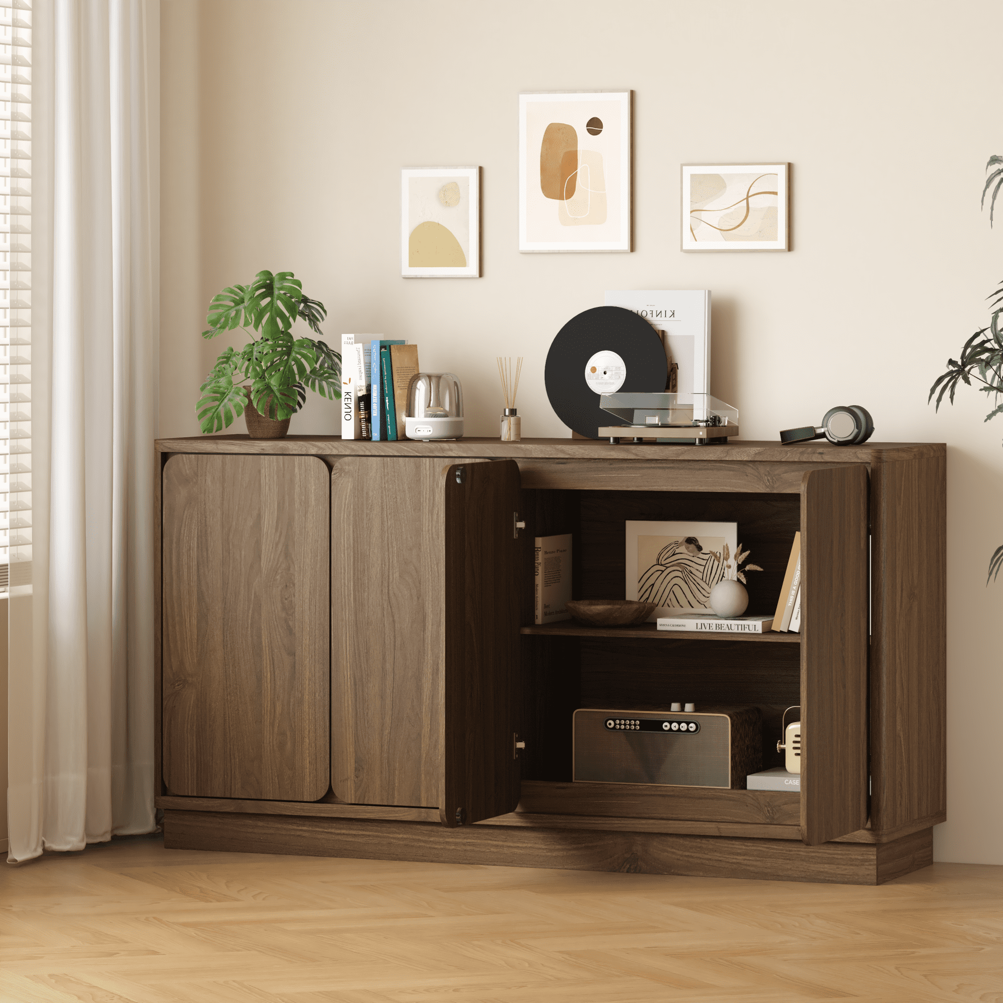 Leumius Sideboard Buffet Cabinet,59.1" W Kitchen Sideboard Storage Cabinet with 4 Doors and Adjustable Shelves,Large Side Board Cabinet Coffee Bar Cabinet for Dining Room,Walnut