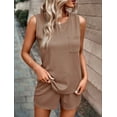 thumbnail image 4 of ClodeEU Women's Summer Waffle Knit Short Sleeve Top and Shorts Set,Solid Color Casual Crewneck Two Piece Outfit Khaki,Womens Plus S, 4 of 6
