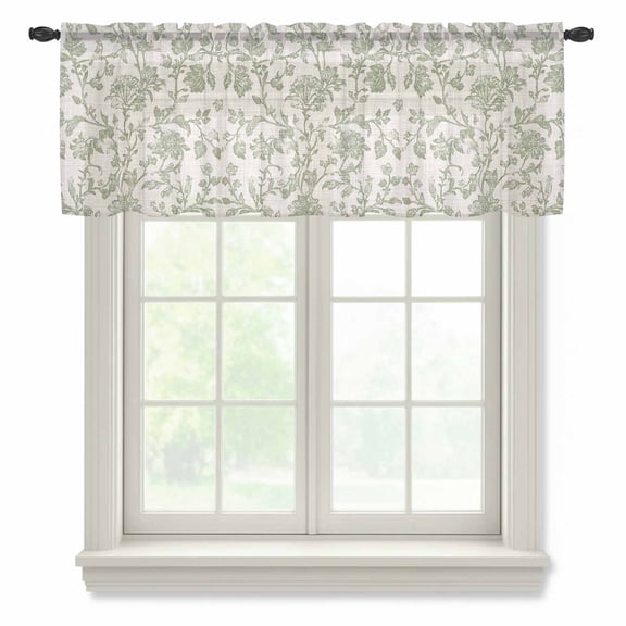 Farmhouse Sage Green Sheer Curtains Valances for Windows Vintage Flower Leaf Botanical Chiffon Kitchen Valances for Cafe, Rod Pocket Voile Window Treatments Curtains for Living Room Bedroom, 42"x12"