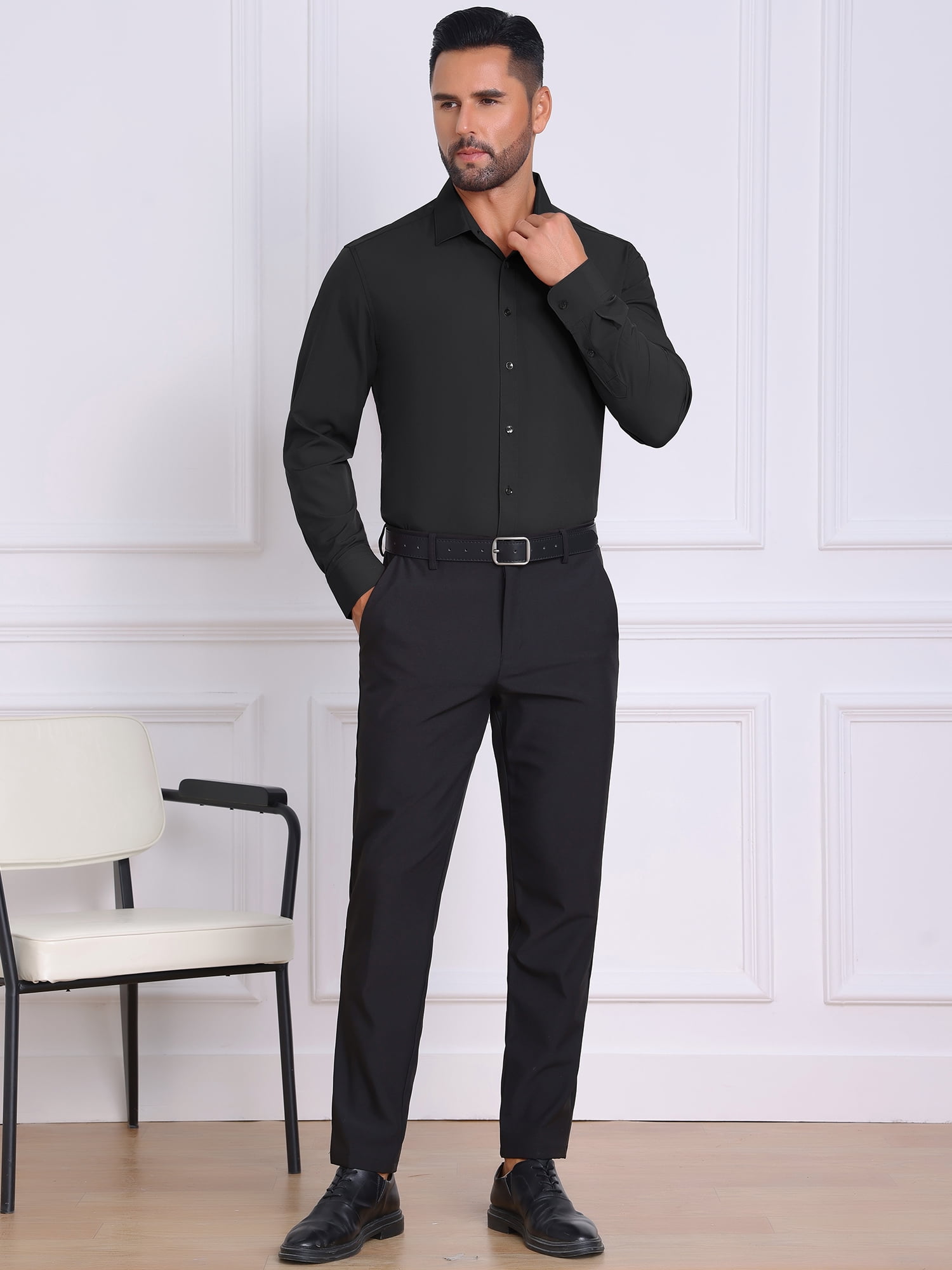 DARING DIVA Men's Solid Color Button Down Long Sleeves Stretch Shirts L Black