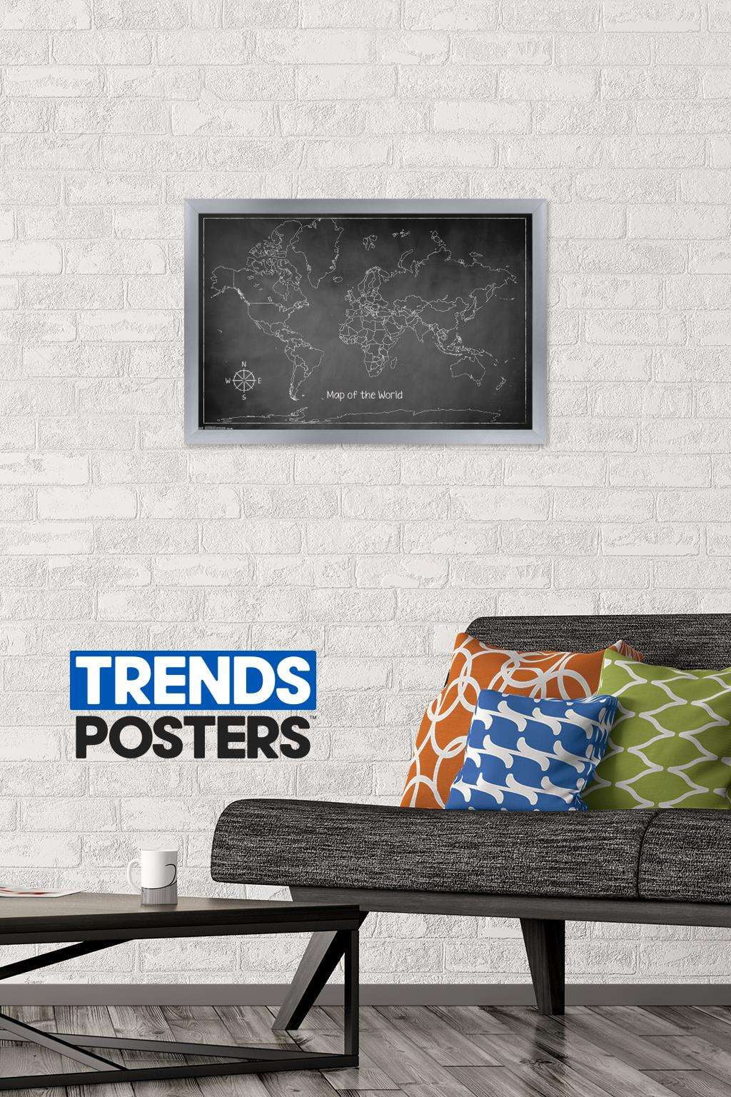Chalk Map - World Wall Poster, 14.725" x 22.375", Framed