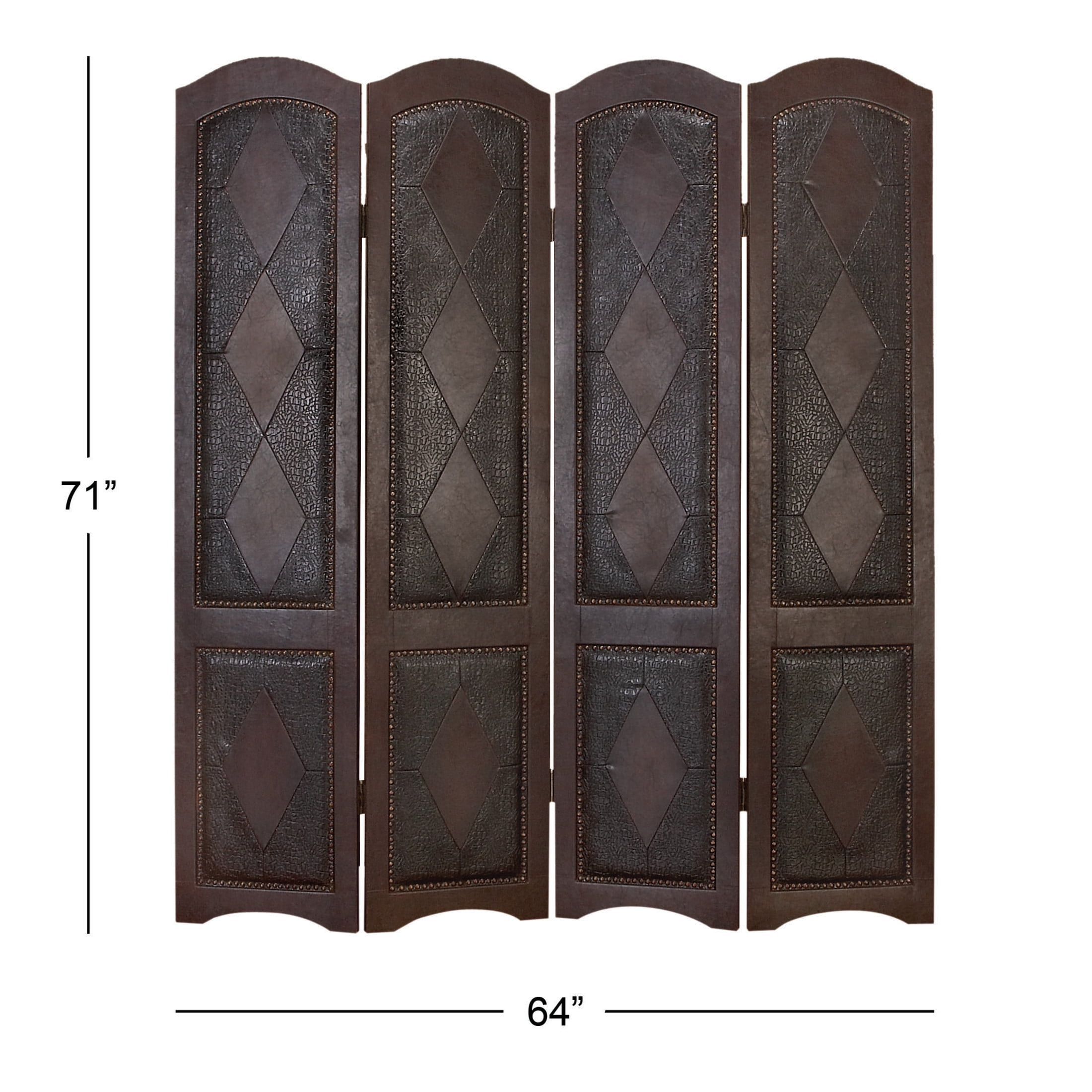 DecMode 64" x 71" Brown Faux Leather Scroll Foldable Partition 4 Panel Room Divider Screen with Faux Leather Detailing, 1-Piece
