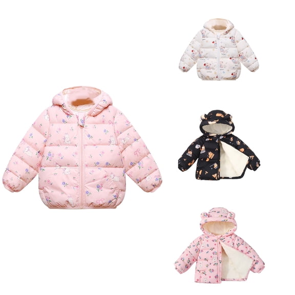 Antinious Toddler Girls Winter Warm Hooded Zipper Jacket Kids Windproof Coat Printed Long Sleeve Casual Puffer Jacket with Pockets,Kids Trench Coat,Winter Coat for Boys Girls,Black,100
