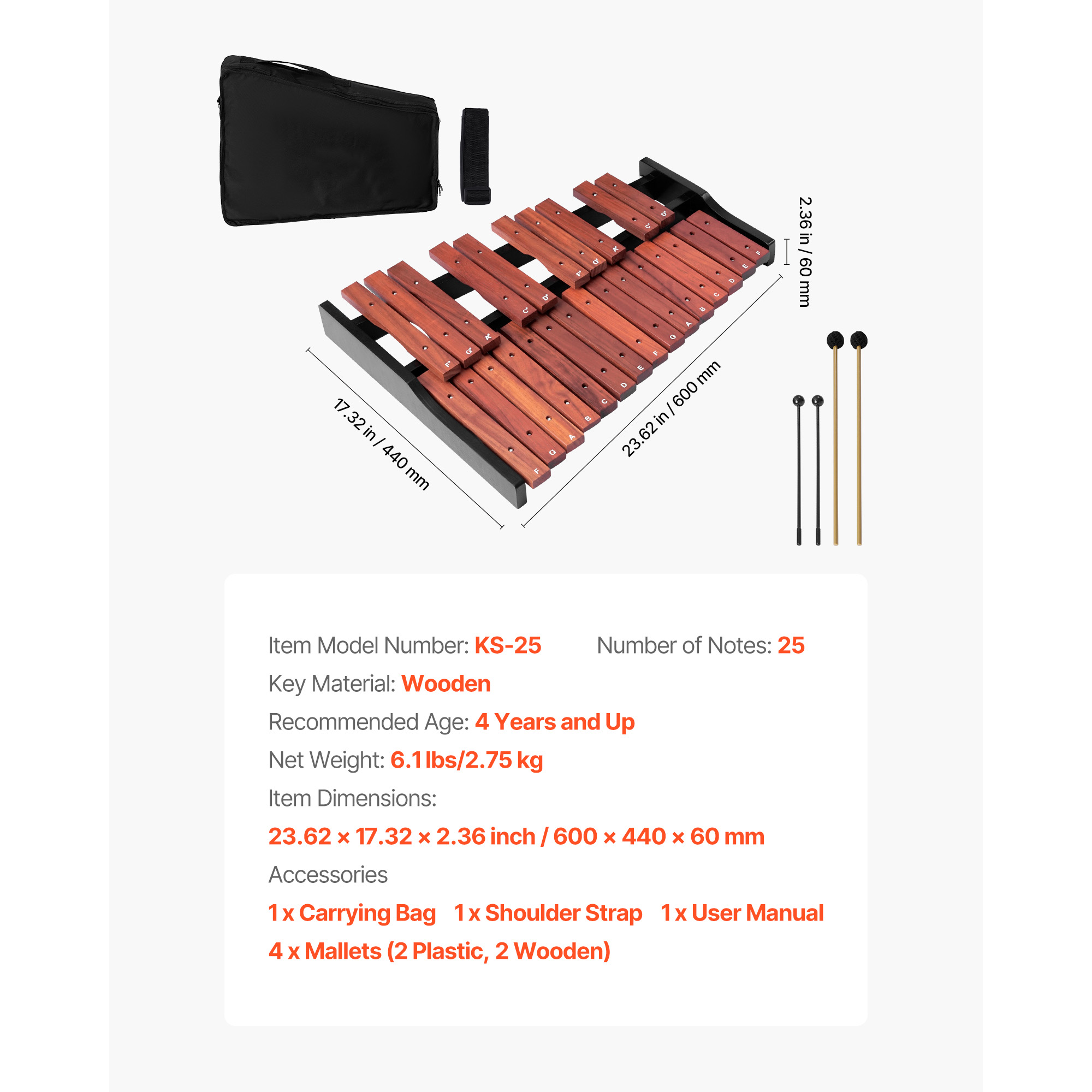 KFFKFF 25-Note Wooden Glockenspiel Xylophone with Mallets and Carrying Bag, Ideal Percussion Instrument Kit for Beginners, Adults, and Students