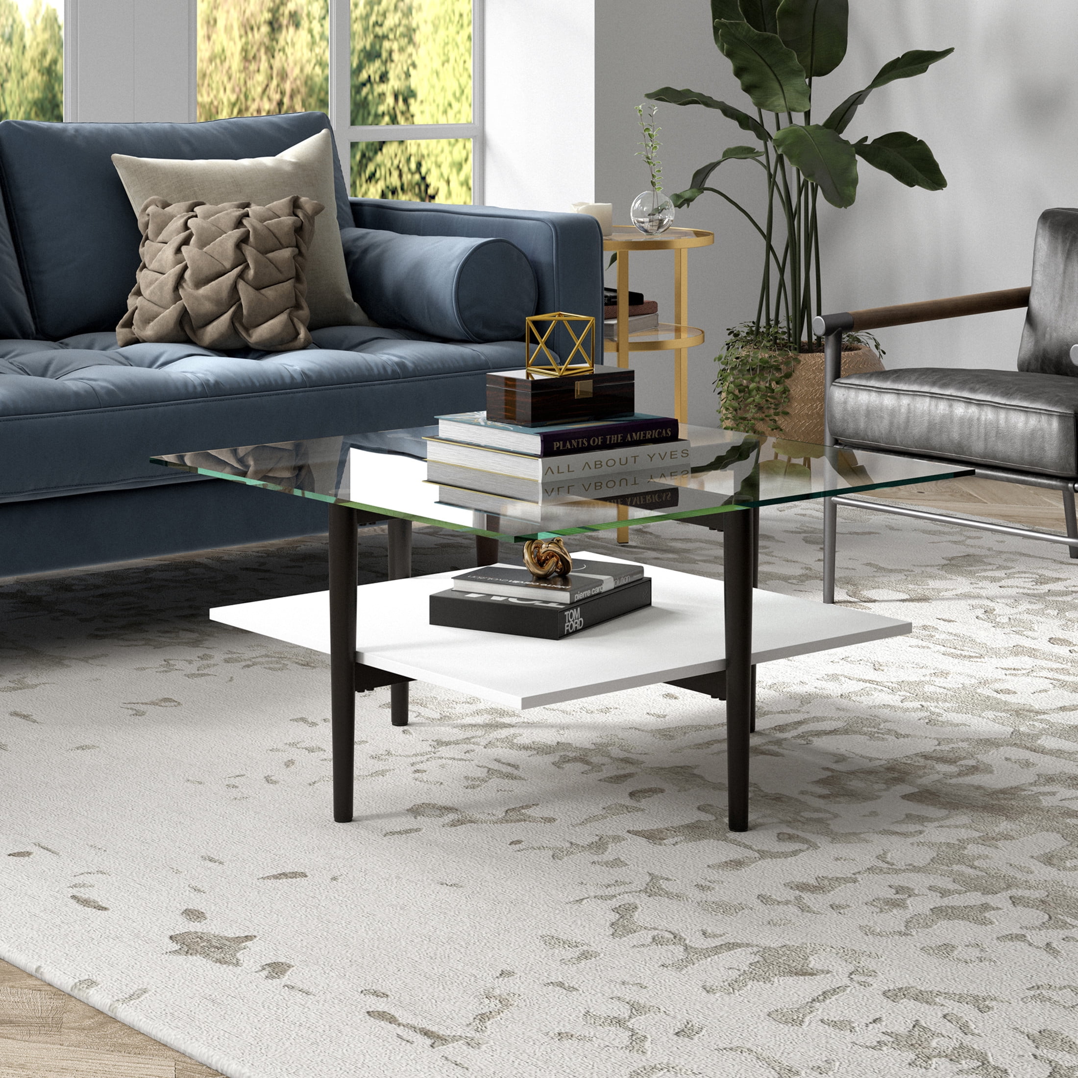 Evelyn&Zoe Otto 32" Wide Square Coffee table with White Lacquer, Blackened Bronze