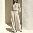 thumbnail image 2 of Szluipve 2 Piece Sets for Women Velvet 2 Piece Matching Outfit High Neck Pleated Long Sleeve Blouse Top & High Waist Wide Leg Palazzo Pants Elegant Party Set with Pockets Beige L, 2 of 9