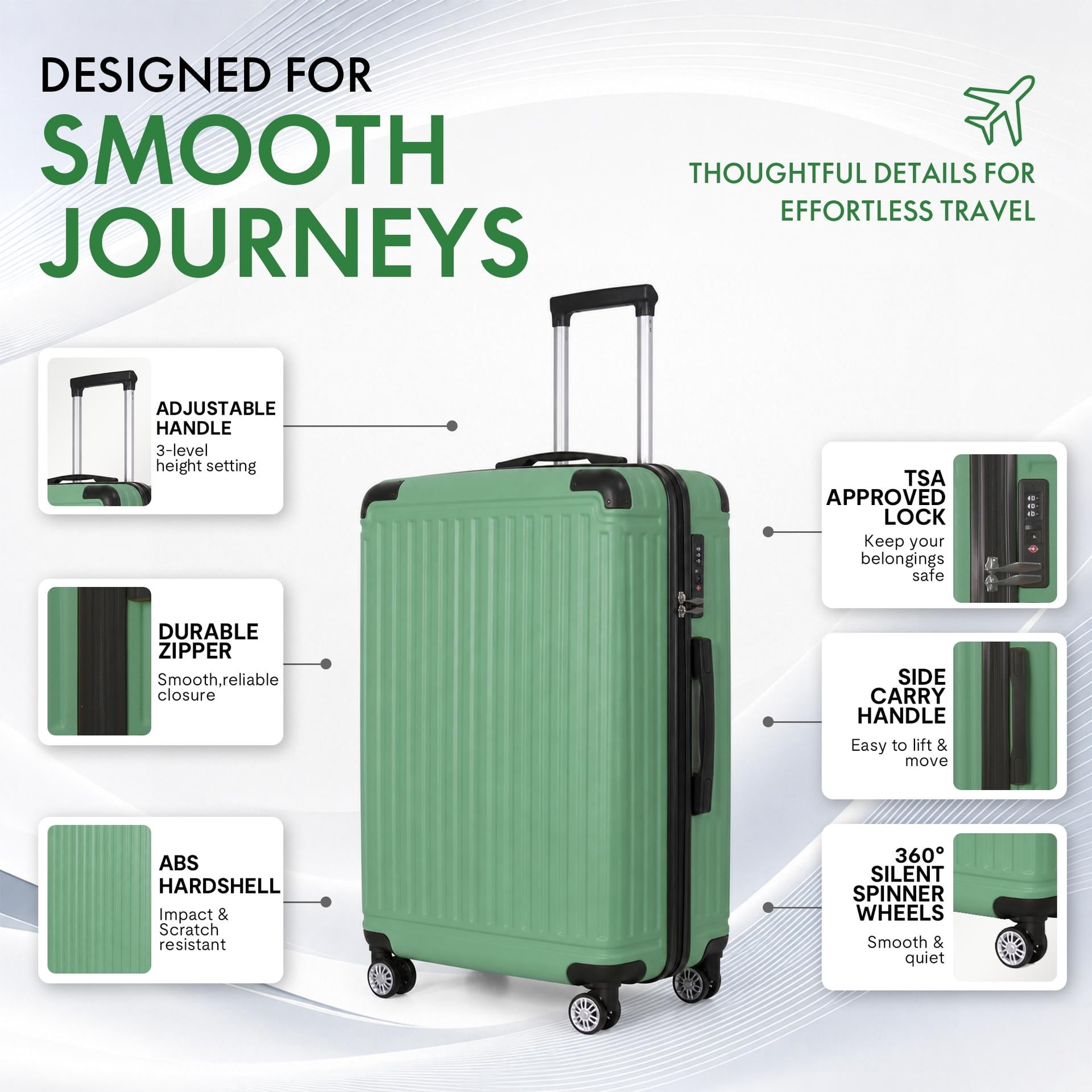 3-Piece ABS Hardshell Luggage Set - Lightweight Durable Suitcases with 4 Silent Spinner Wheels, TSA Lock & Scratch-Resistant Surface, 20"/24"/28", Fruit Green