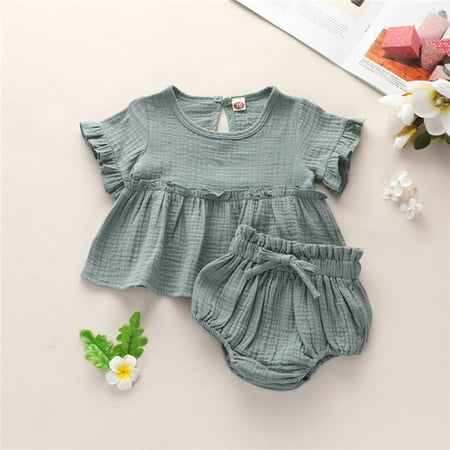 

Fidelma Girls Outfits&Set Newborn Infant Baby Girls Summer Ruffled Cotton Linen Solid Tops+Shorts Outfits Green-80