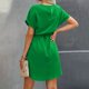 thumbnail image 3 of Vestido de Manga Corta para las Mujeres, Color Sólido Encaje Hasta Cintura Retracta Satén Tenedor Dividido, Cuello Redondo Midi, 3 of 8