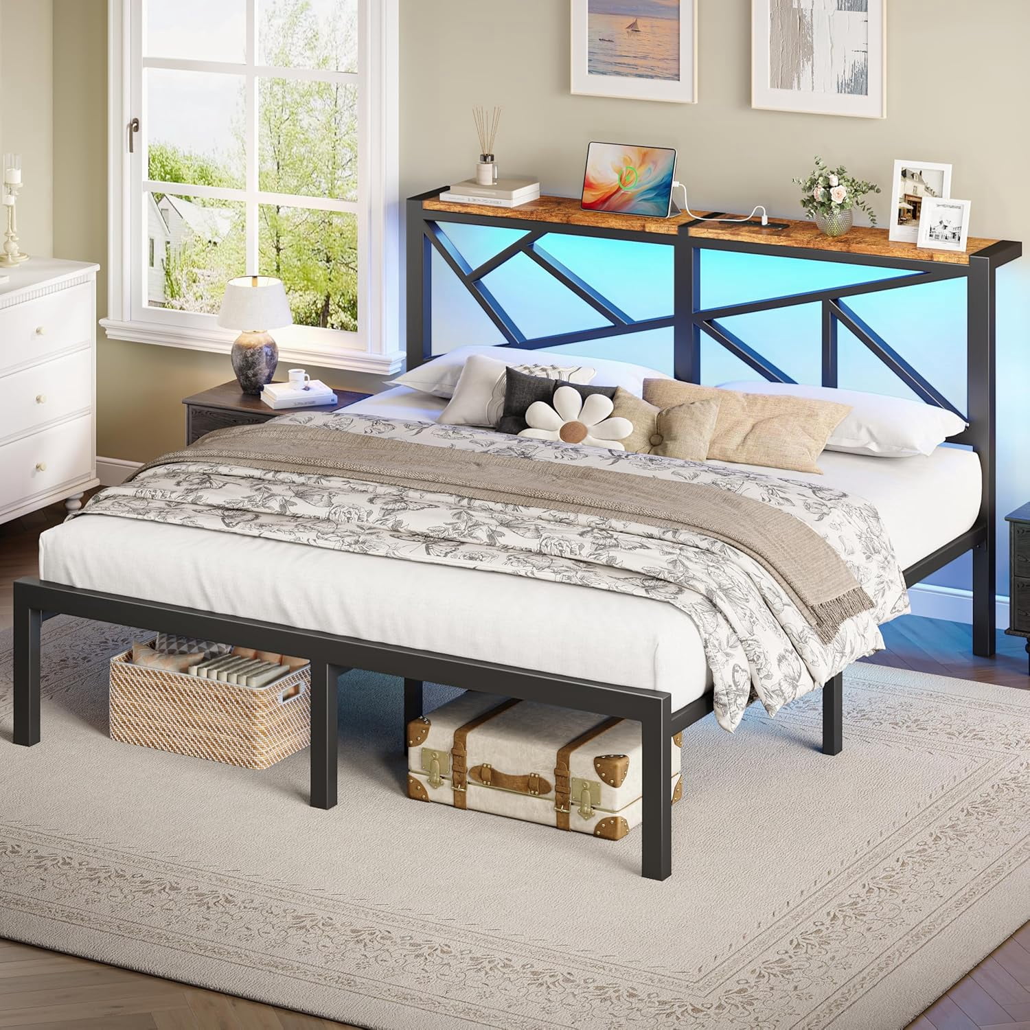 ChicZhiNest King Size Bed Frame with LED Light Storage Headboard, Metal Platform Bed Frame King with 2 USB Ports and Outlets, Noise Free Design, Black