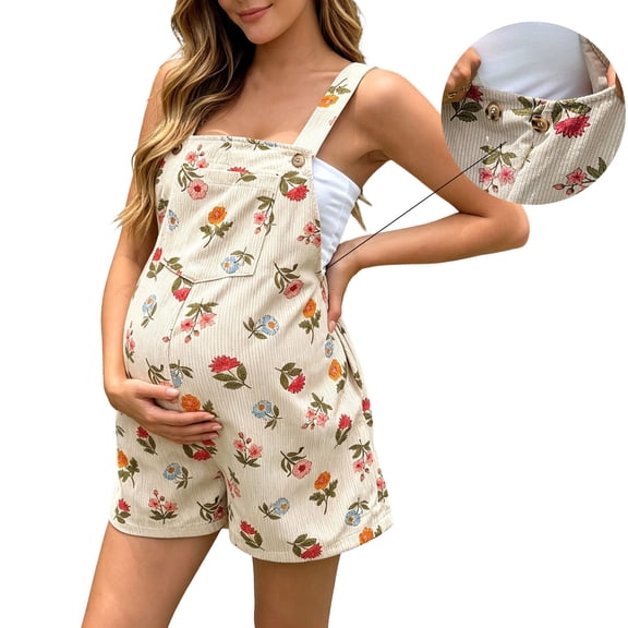 Jamicy Overall Shorts for Pregnant Women Floral Adjustable Strap Loose Fit Maternity Overalls Summer Casual Outfits with Pockets