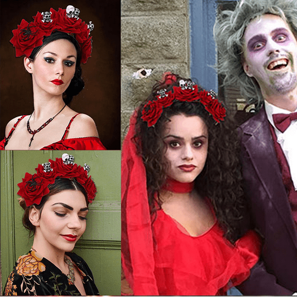 Disfraz Halloween Mujer – Diadema Día De Muertos Con Rosas Rojas Y Velo Negro, Guantes De Encaje