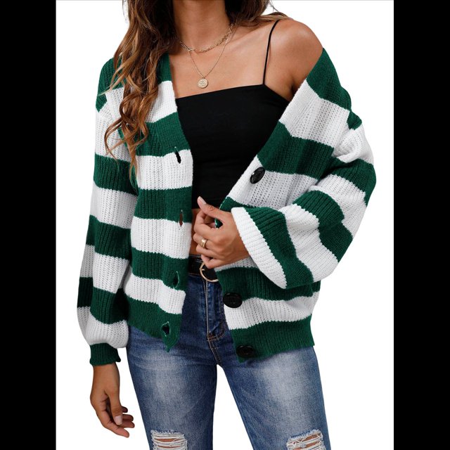 Cárdigan de Invierno A Rayas para Mujer, Larga, Botones, Frente Abierto, Punto Grueso, Abrigo Extragrande. Verde Oscuro M