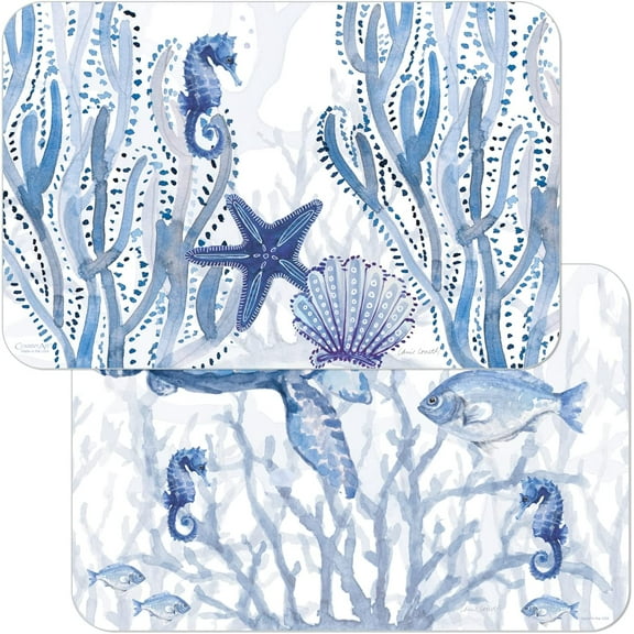 Wipe-Clean Reversible Decofoam Placemats, Indigo Coastal, Set of 2, Made in The USA