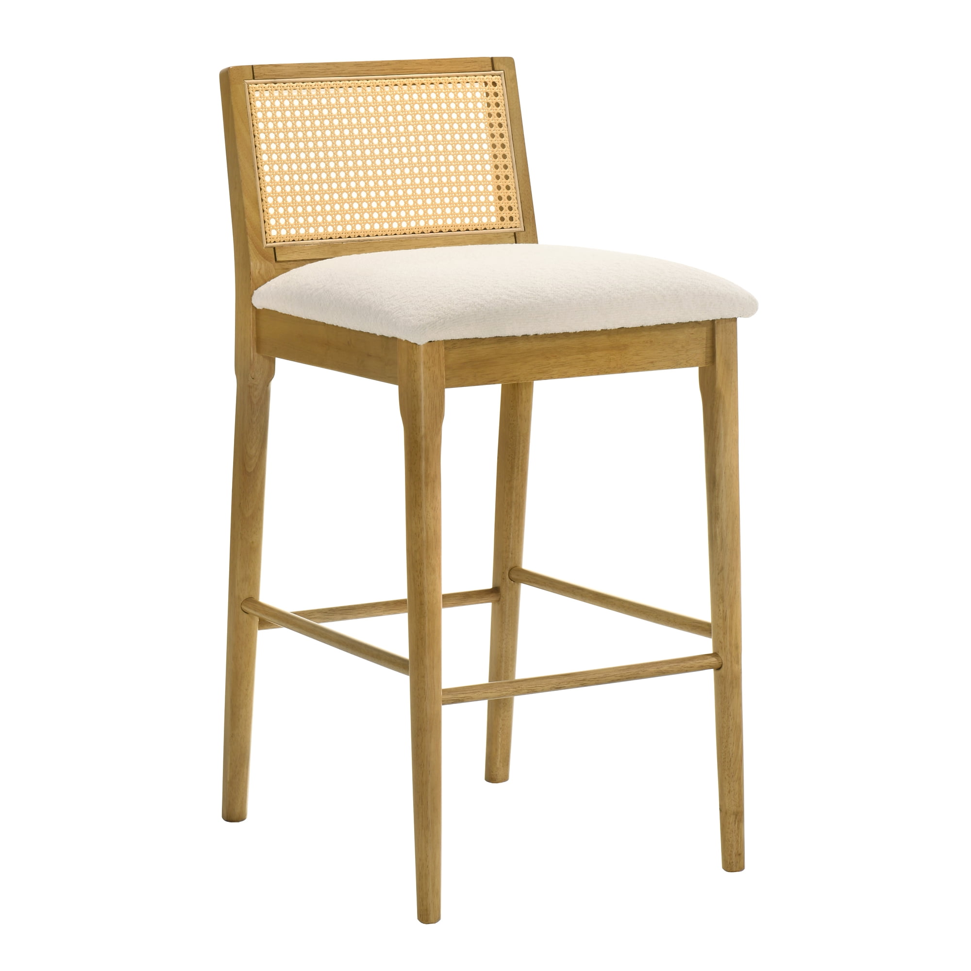 Tobias Coastal Modern Wood Bar Height Kitchen Bar Stool in Amber Glow Finish with White Boucle Fabric Upholstered Seat - Set of 3